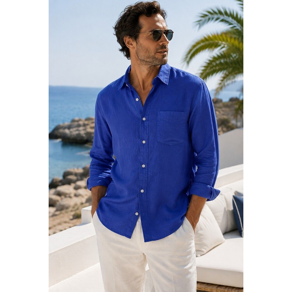 Vilebrequin Men’s XL Blue 100% Linen Shirt Long Sleeve Button Up Luxury Resort